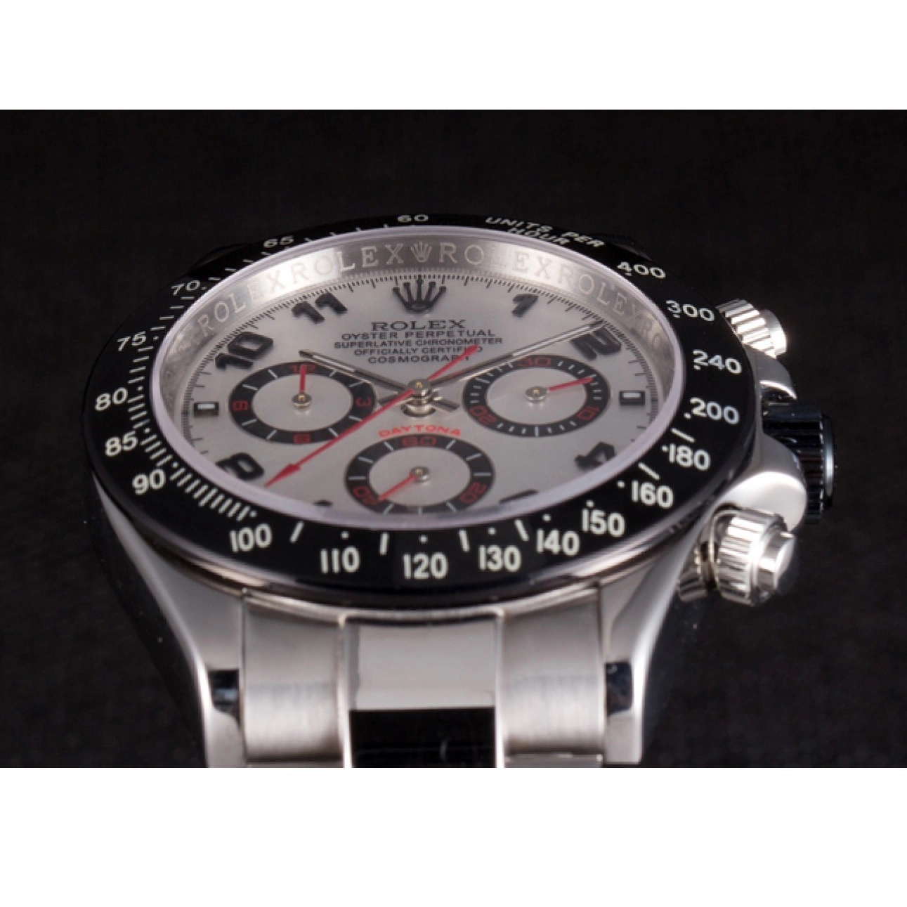 Aaa replica watch Dial Silver Daytona Enameled Stainless Steel Black Rolex 0807
